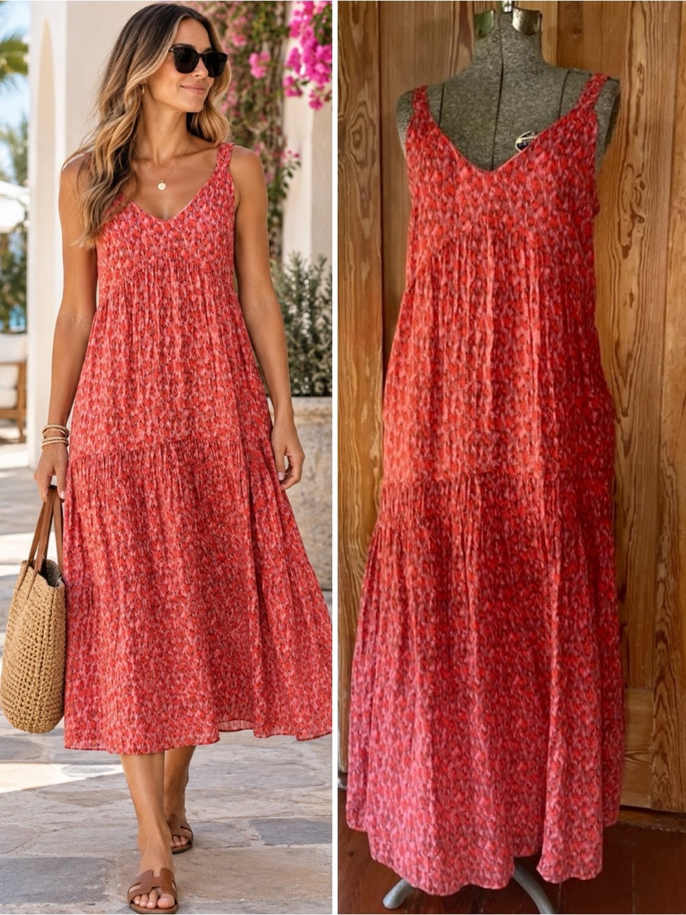 Joie Bondi Tea Rose Ikat Print Cotton Tiered Midi Dress Sz M💛🎀